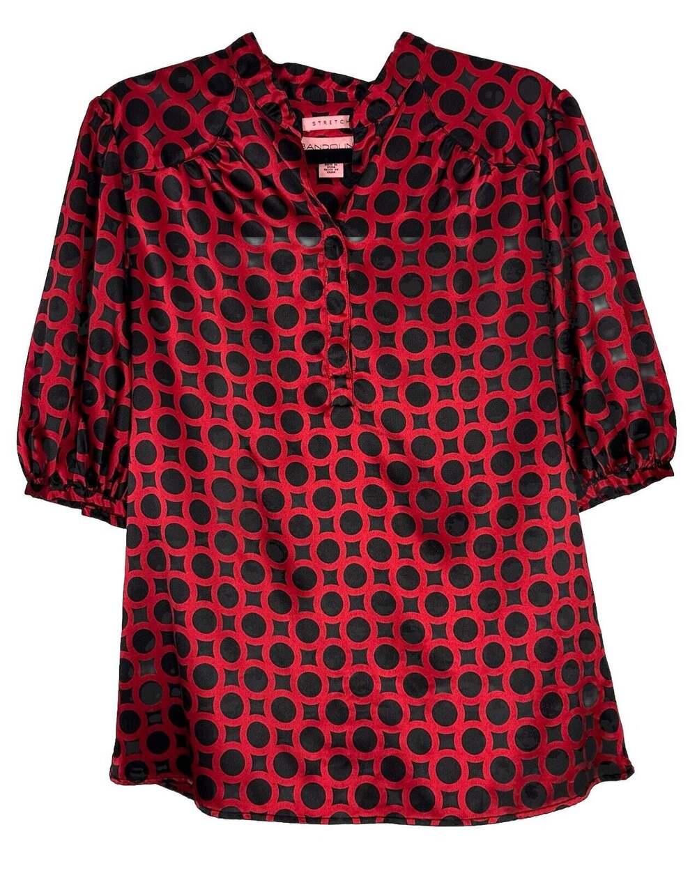 Bandolino Women's Black Red Top Stretch Satin Short Sleeve Button Pleats Size 10